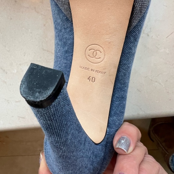 Chanel Denim Chain Around Cap Toe Platform Pumps 40 Blue Gris Fonce - Picture 5 of 7